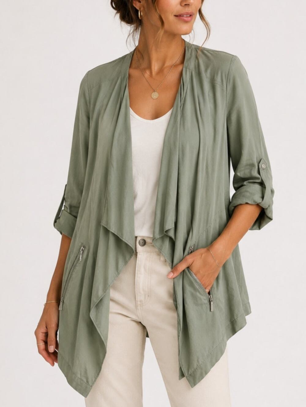 Nicole Miller Open Front Waterfall Utility Jacket Cardigan M Green Fall Layer